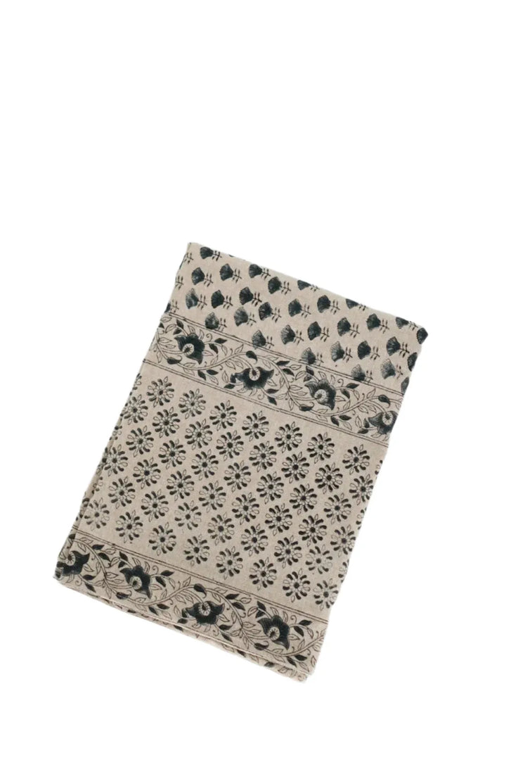 Blue Gray Floral Block Print Tablecloth
