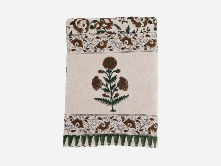 Brown and Green Floral Block Print Tablecloth