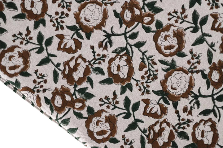 Brown and Green Floral Block Print Tablecloth