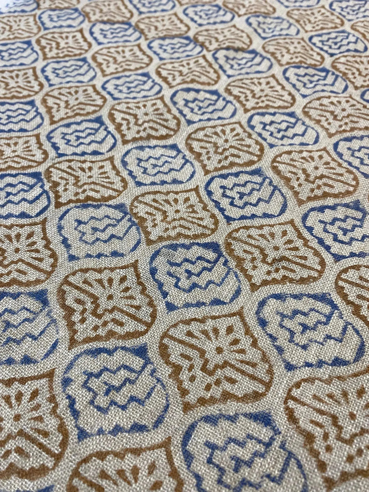 Designer Blue & Mustard Floral Block Print Fabric for Upholstery, Home Decor, and Custom Projects - Maple Village Lane
