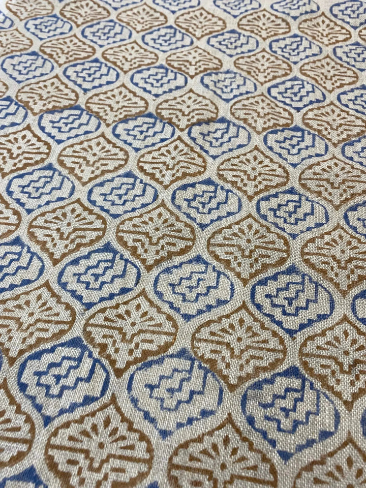 Designer Blue & Mustard Floral Block Print Fabric for Upholstery, Home Decor, and Custom Projects - Maple Village Lane