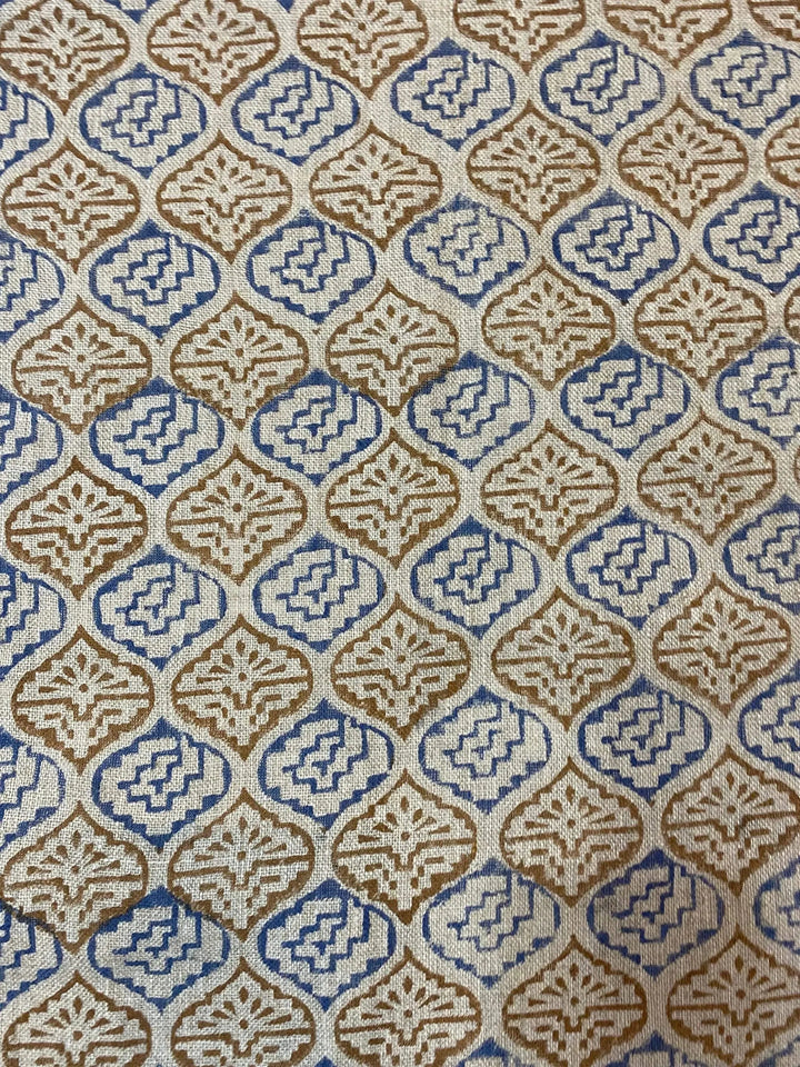 Designer Blue & Mustard Floral Block Print Fabric for Upholstery, Home Decor, and Custom Projects - Maple Village Lane