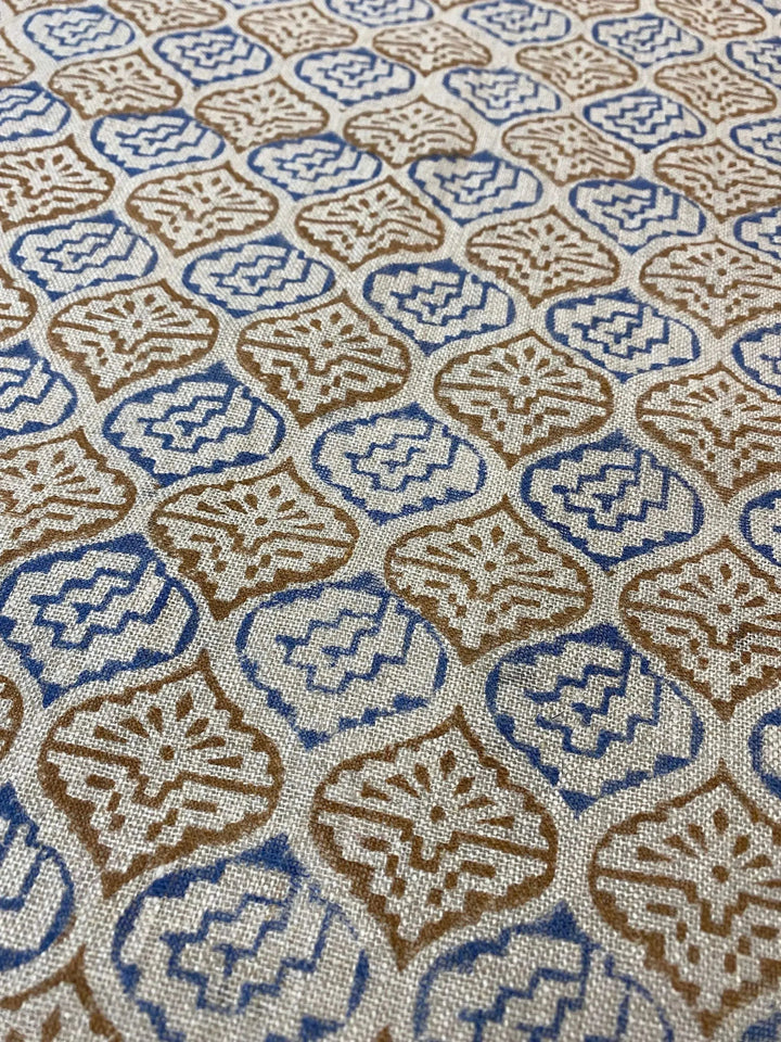 Designer Blue & Mustard Floral Block Print Fabric for Upholstery, Home Decor, and Custom Projects - Maple Village Lane