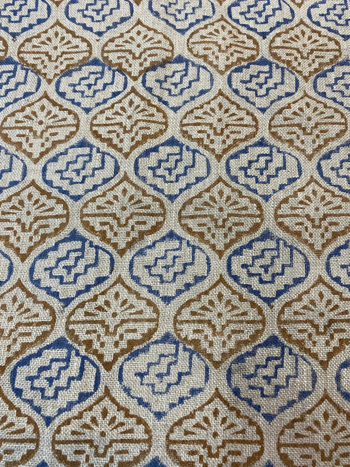 Designer Blue & Mustard Floral Block Print Fabric for Upholstery, Home Decor, and Custom Projects - Maple Village Lane
