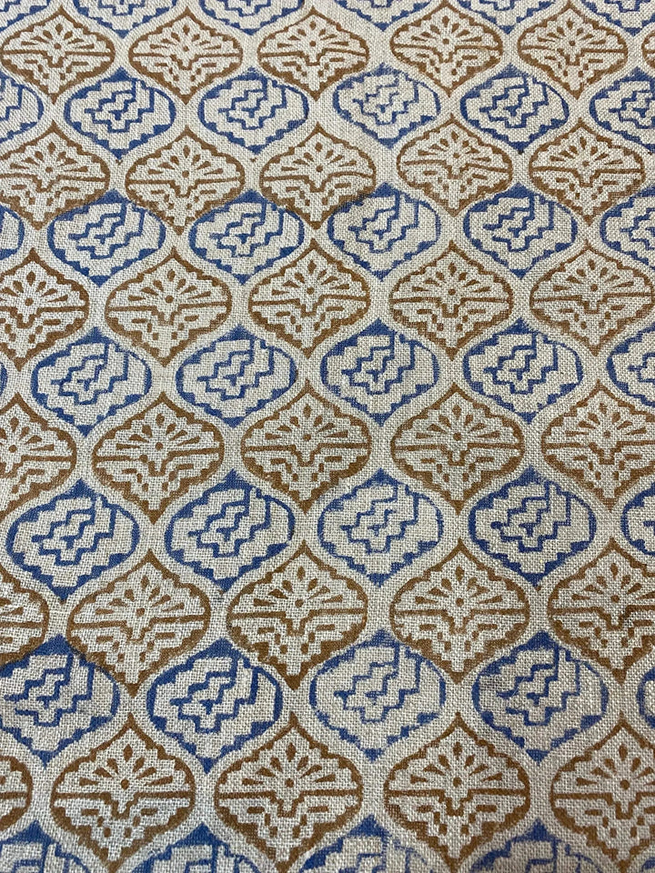 Designer Blue & Mustard Floral Block Print Fabric for Upholstery, Home Decor, and Custom Projects - Maple Village Lane