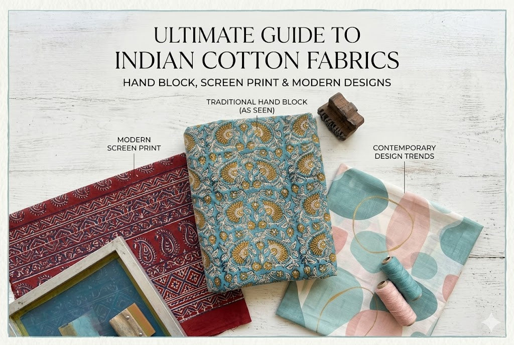 Ultimate Guide to Indian Cotton Fabrics: Hand Block, Screen Print & Modern Designs