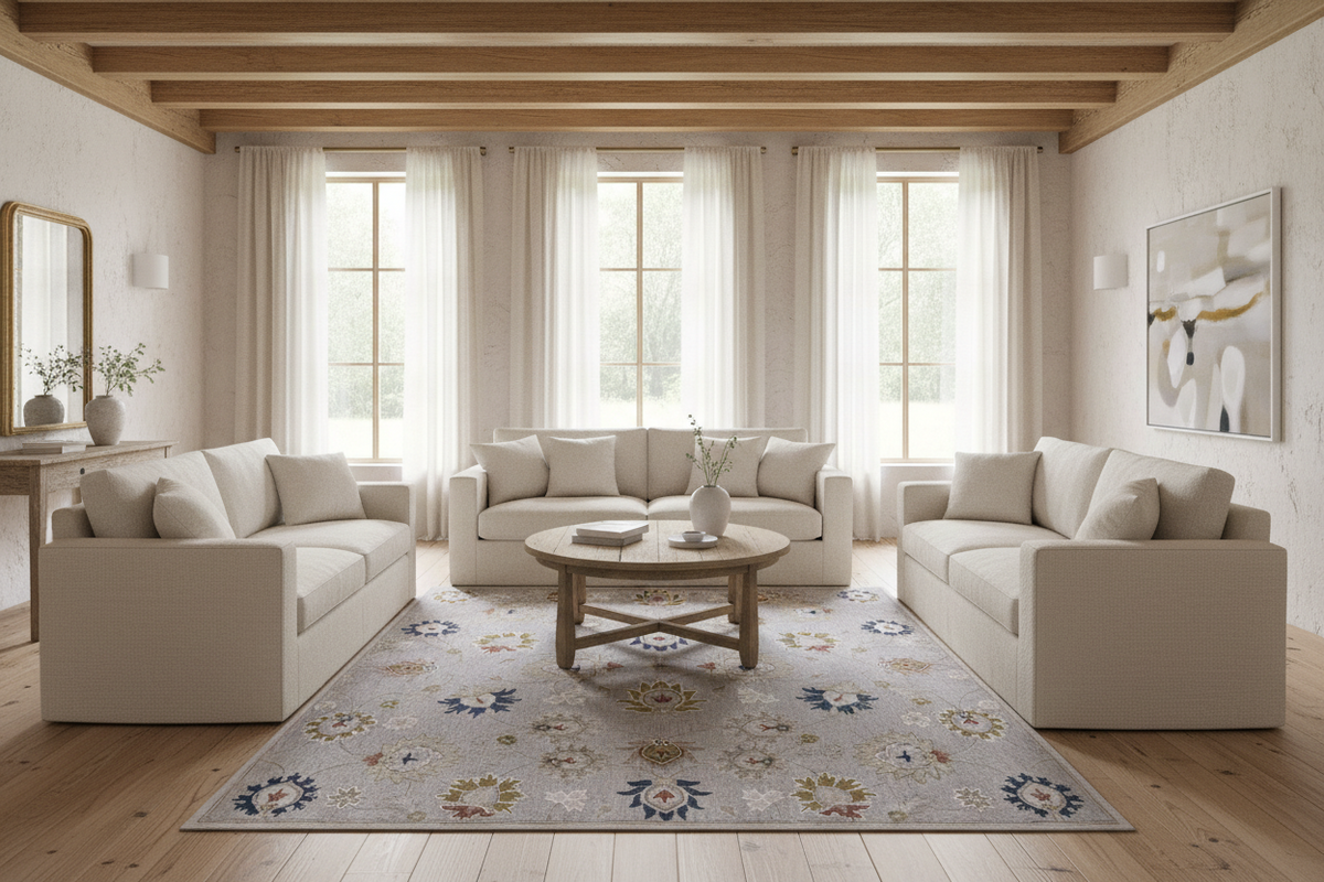 Close-up of a natural fiber rug in a French farmhouse setting, showcasing the rhythmic hand-loomed weave and organic textures that complement rustic furniture and tonal decor.