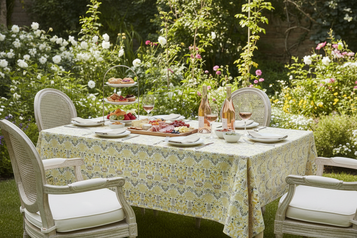Sun-drenched garden table styled with hand-block printed floral linens and textured Bhujodi runners, illustrating the organic, soulful aesthetic of handcrafted textiles in a natural outdoor setting.