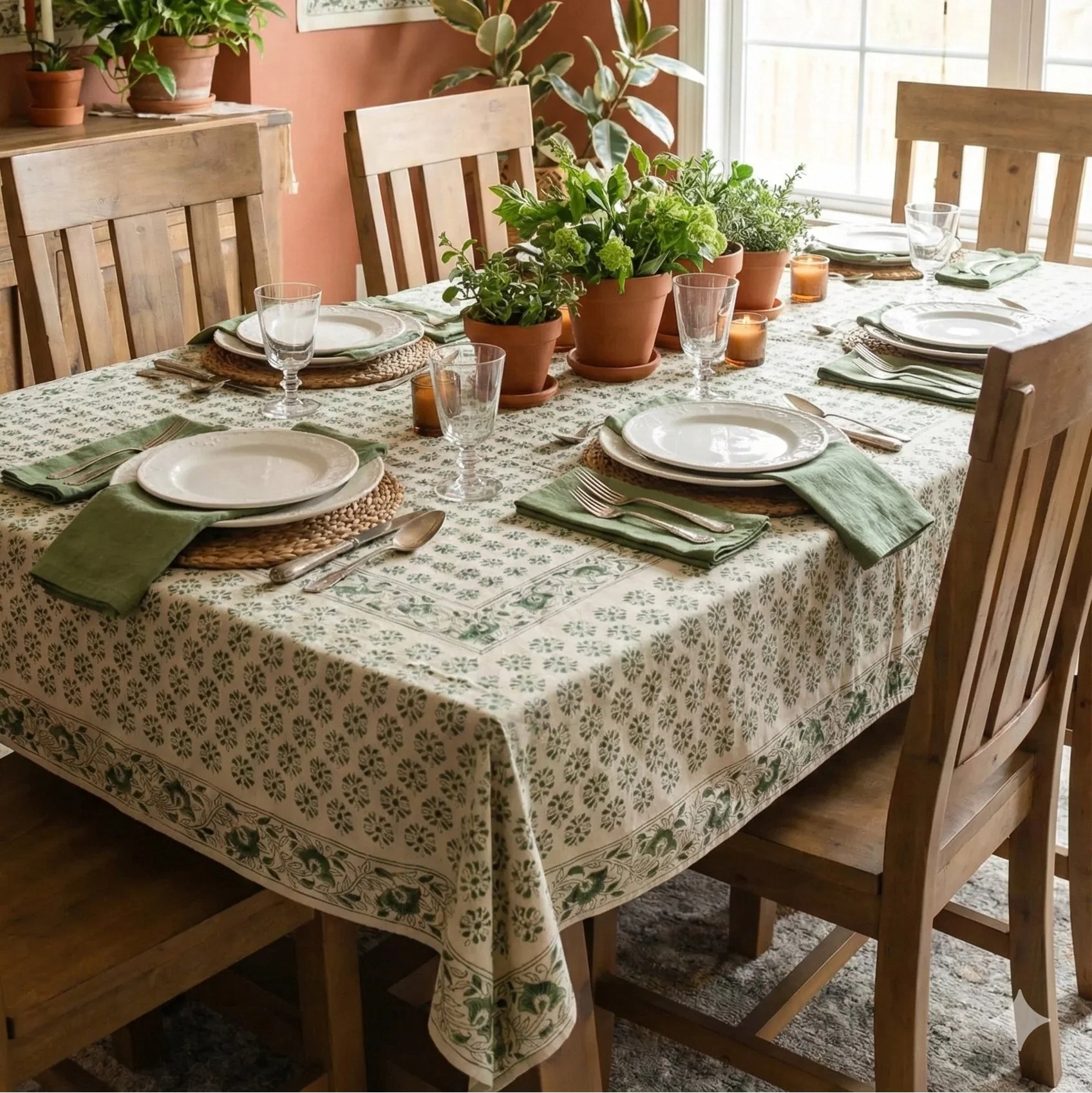 A beautifully set dining table featuring a hand-block printed botanical tablecloth in blue and white, showcasing the soft drape of premium cotton for an organic home aesthetic.