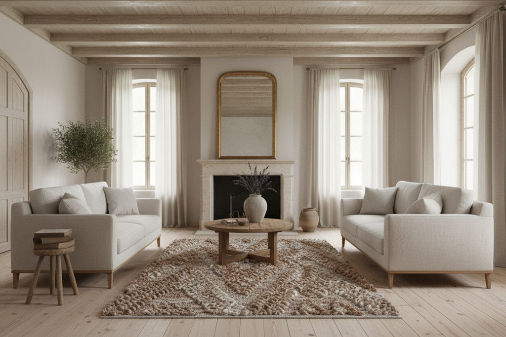 Textured area rug with a pattern in shades of brown and beige on a white background