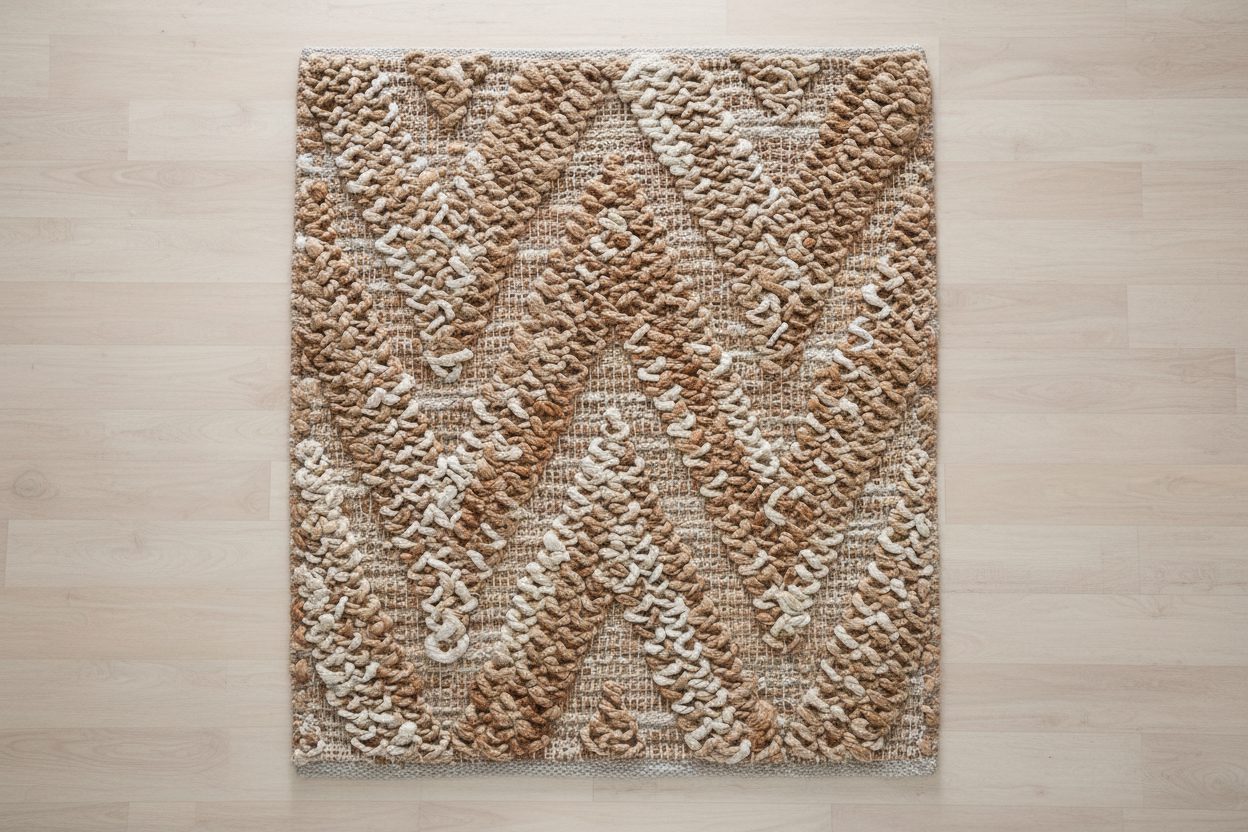 Textured area rug with a pattern in shades of brown and beige on a white background