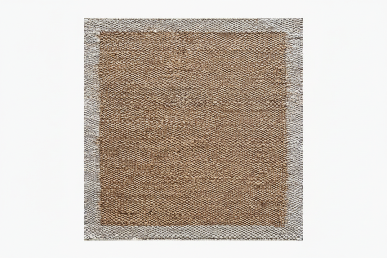 Rectangular area rug with a brown center and gray border on a white background