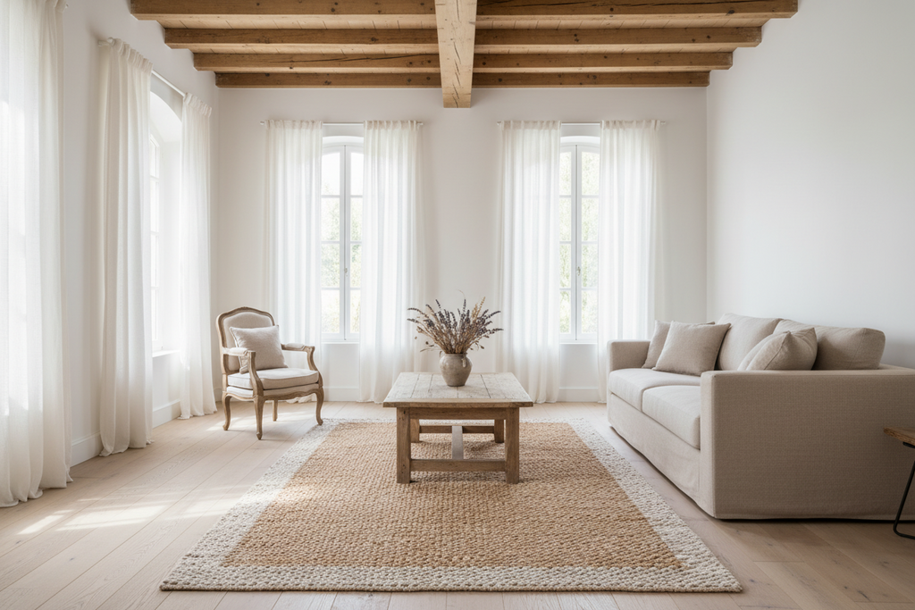 Rectangular area rug with a brown center and gray border on a white background