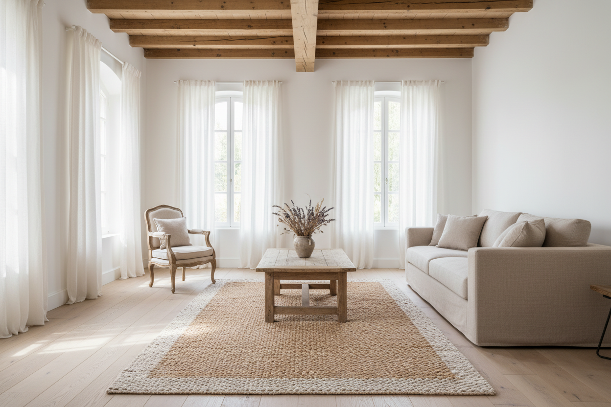 Rectangular area rug with a brown center and gray border on a white background