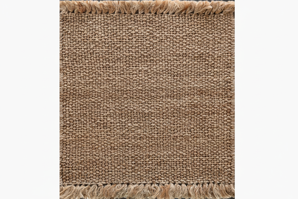 Textured brown rug with fringed edges on a white background