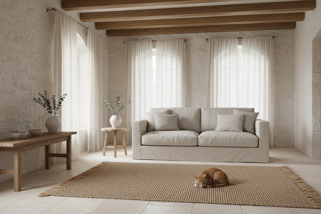 Textured brown rug with fringed edges on a white background