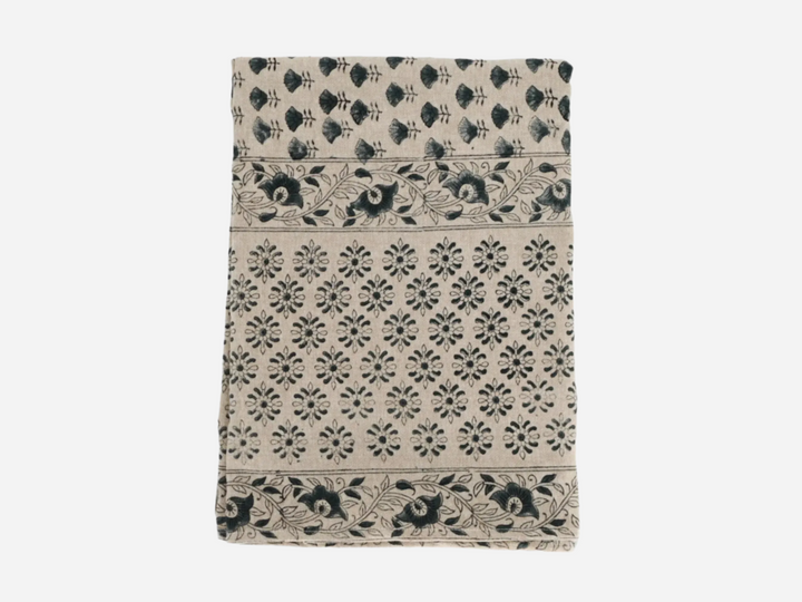 Blue Gray Floral Block Print Tablecloth