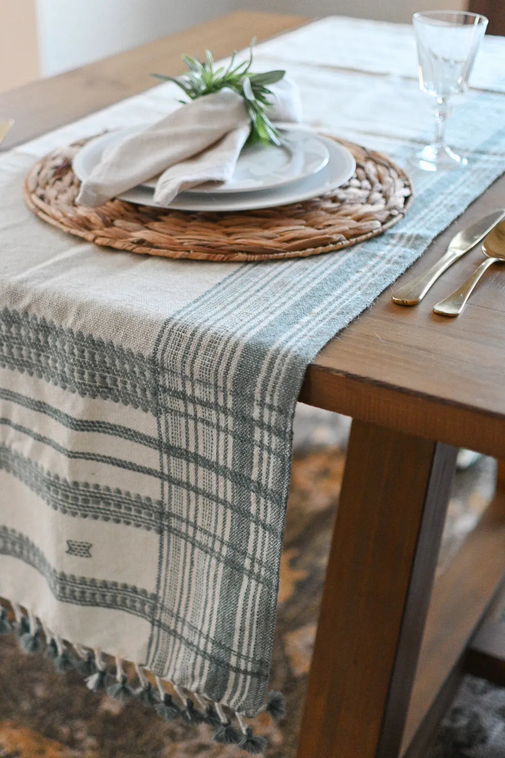 Bhujodi Table Runner - Blue and Cream - Maple Village Lane