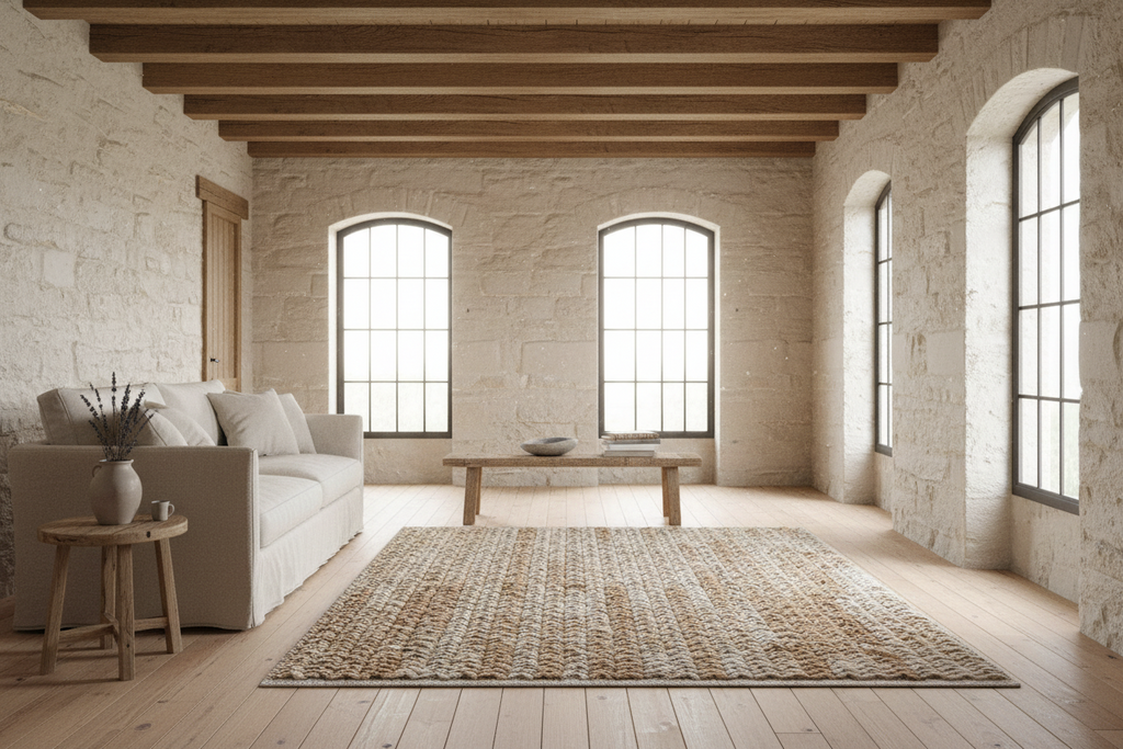 Textured area rug with a pattern on a white background