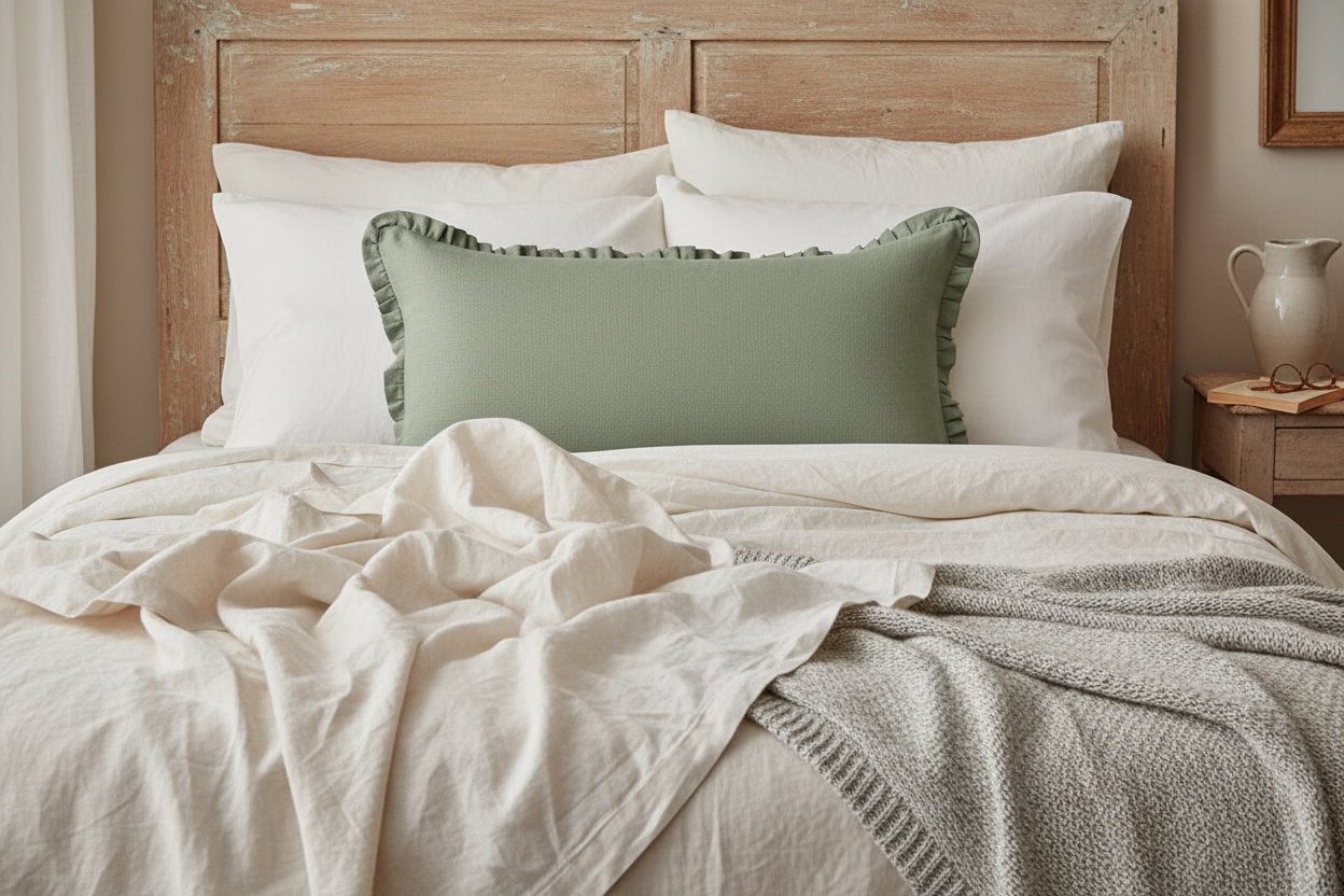 Green pillow with ruffled edges on a white background