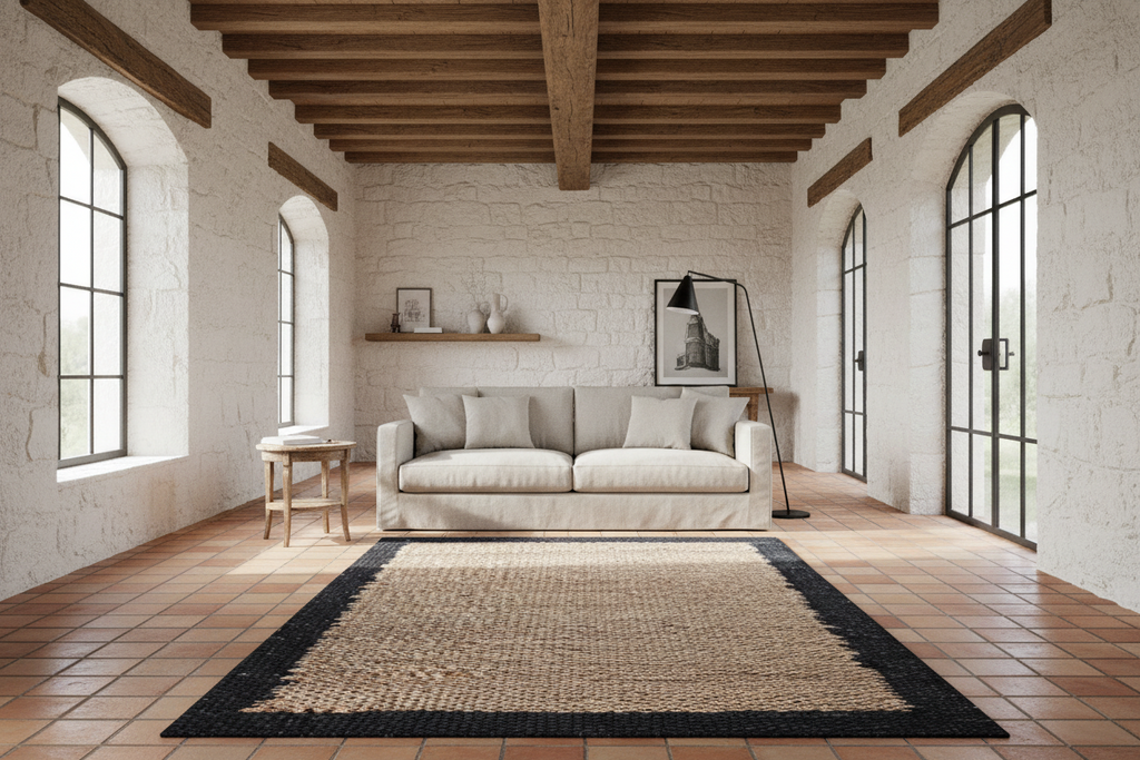 Rectangular rug with black border and beige center on a white background