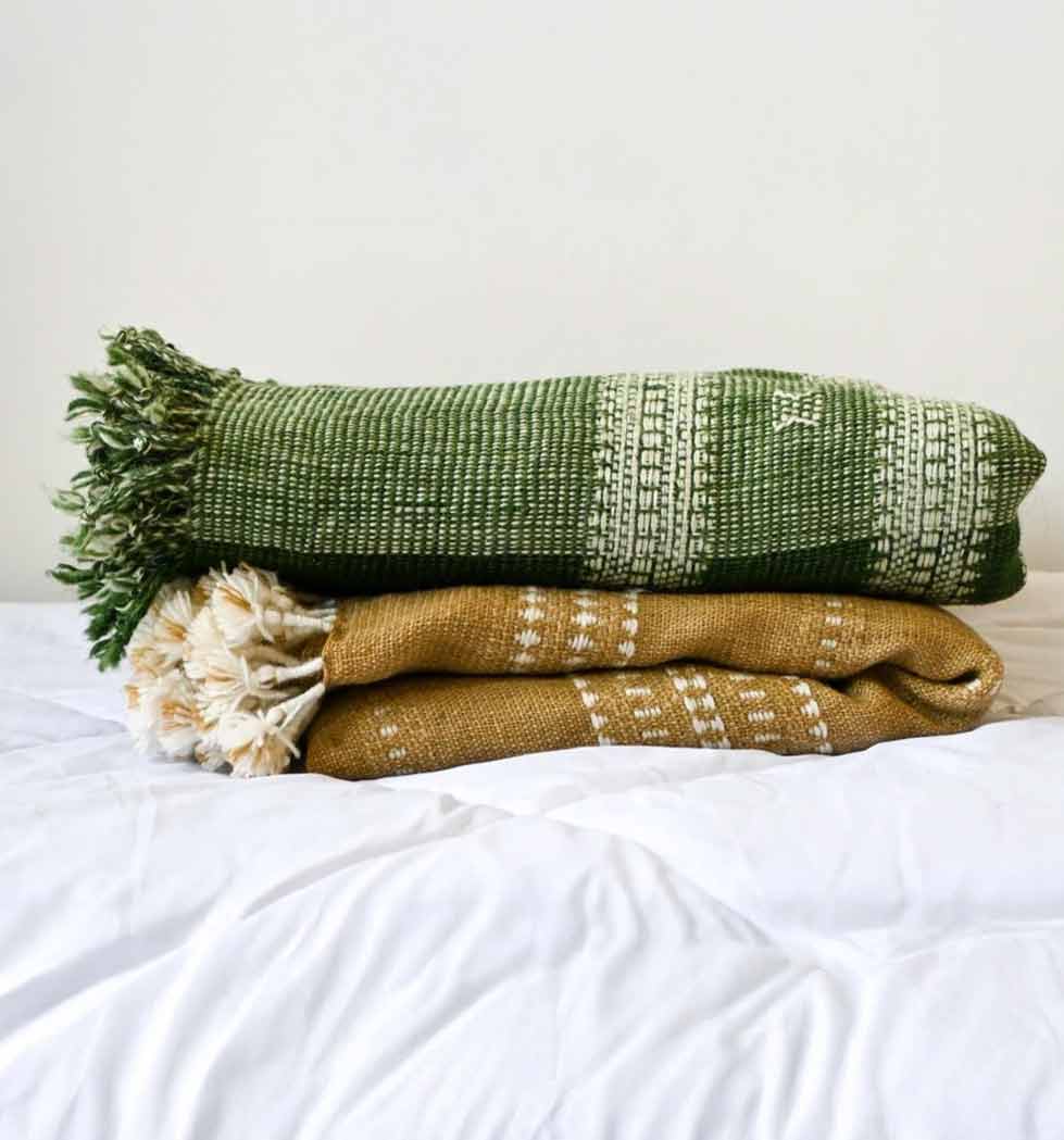 Handwoven Vintage Bhujodi Bed Throw -Forest Green - 54" x 102" Handloom Throws