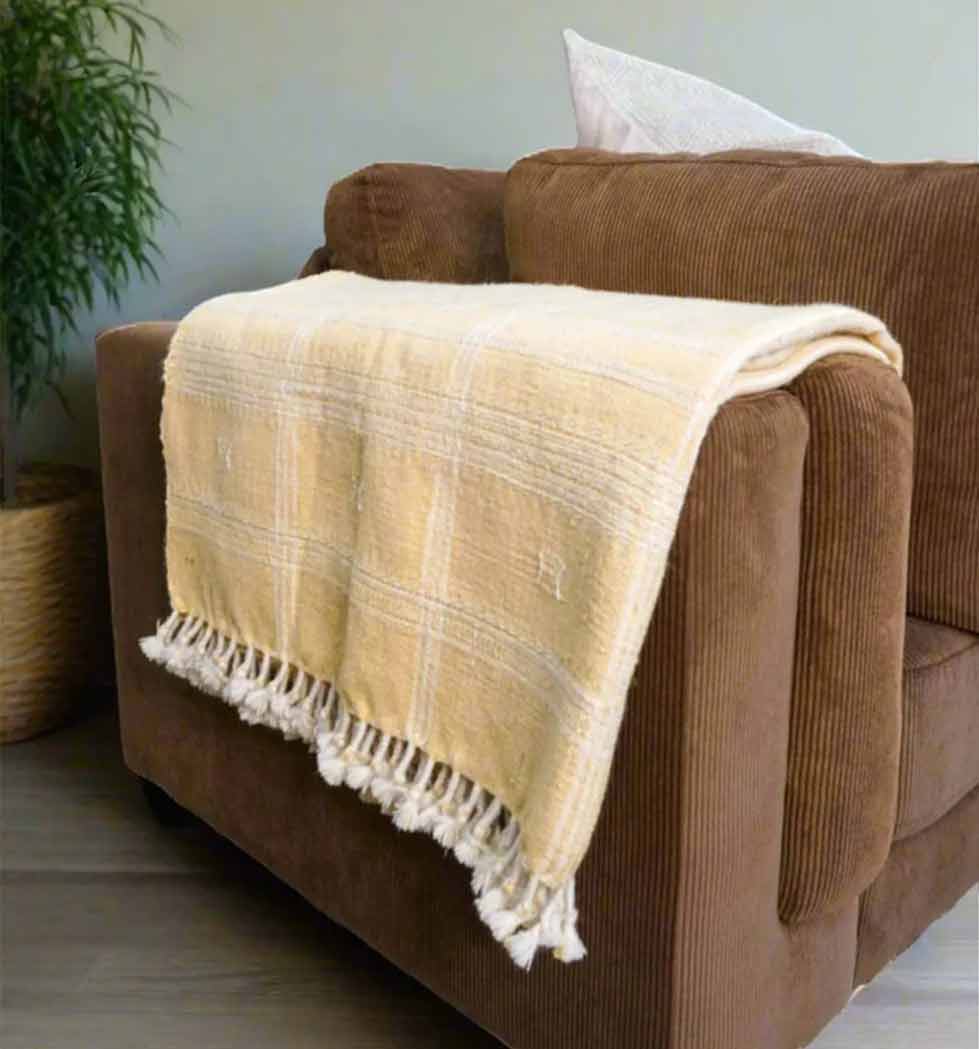 Beige plaid blanket with white fringe draped over a brown sofa.