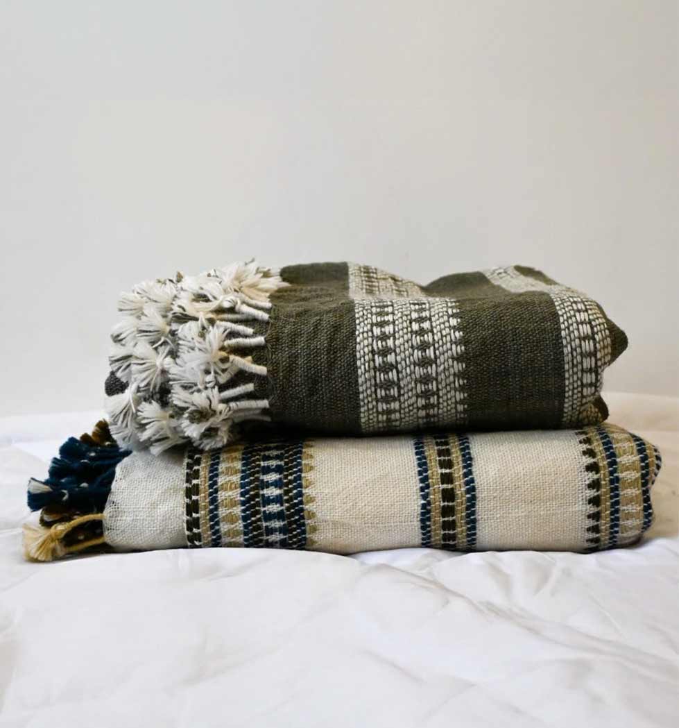 Handwoven Vintage Bhujodi Bed Throw -Olive Green - 50" x 90"