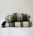 Handwoven Vintage Bhujodi Bed Throw -Olive Green - 50" x 90"
