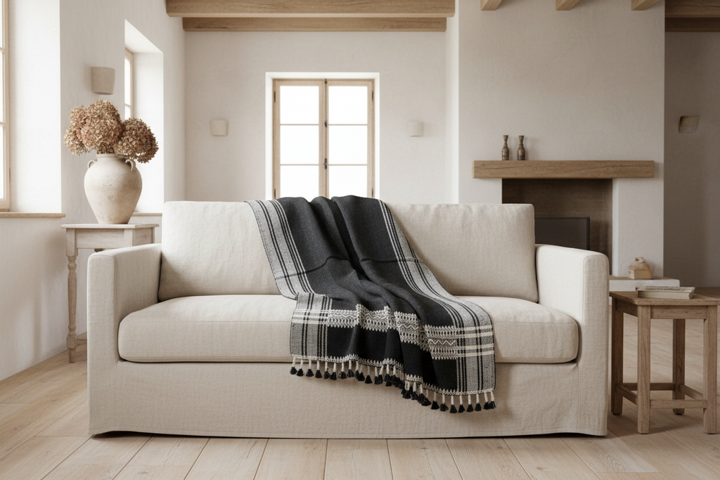 Handwoven Vintage Bhujodi Bed Throw -Black and Biege - 24" x 80"