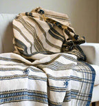 Patterned blanket draped over a white surface