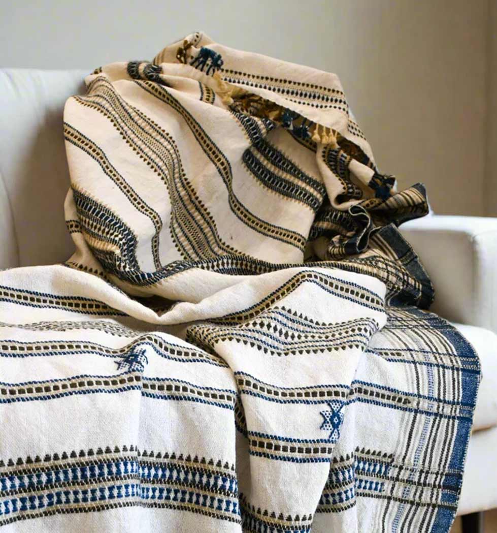 Patterned blanket draped over a white surface
