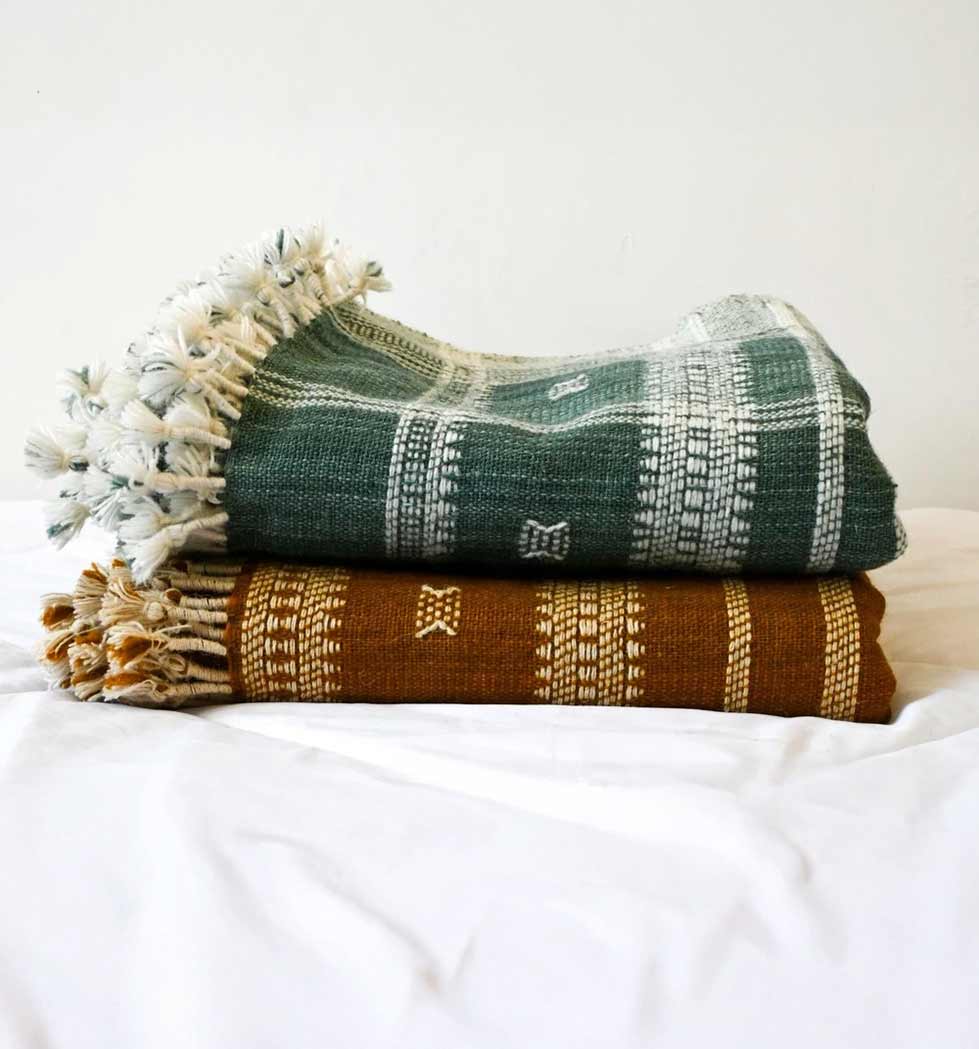 Handwoven Vintage Bhujodi Bed Throw Deep Olive Green