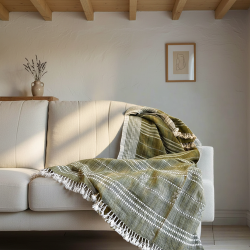 Bhujodi Handwoven Wool Sage Green Throw Blanket Handloom Throws