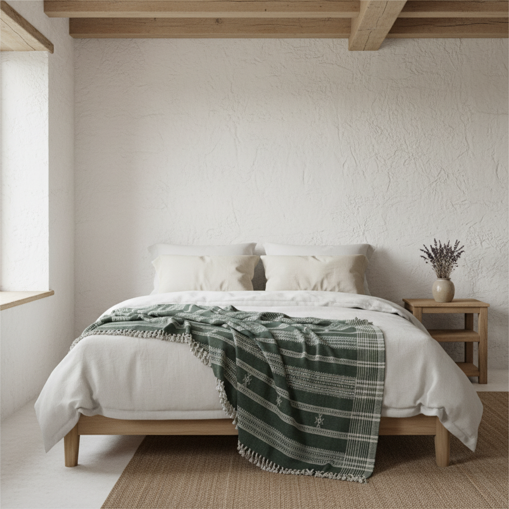 Handwoven Vintage Bhujodi Bed Throw -Muted Green - 50" x 90"