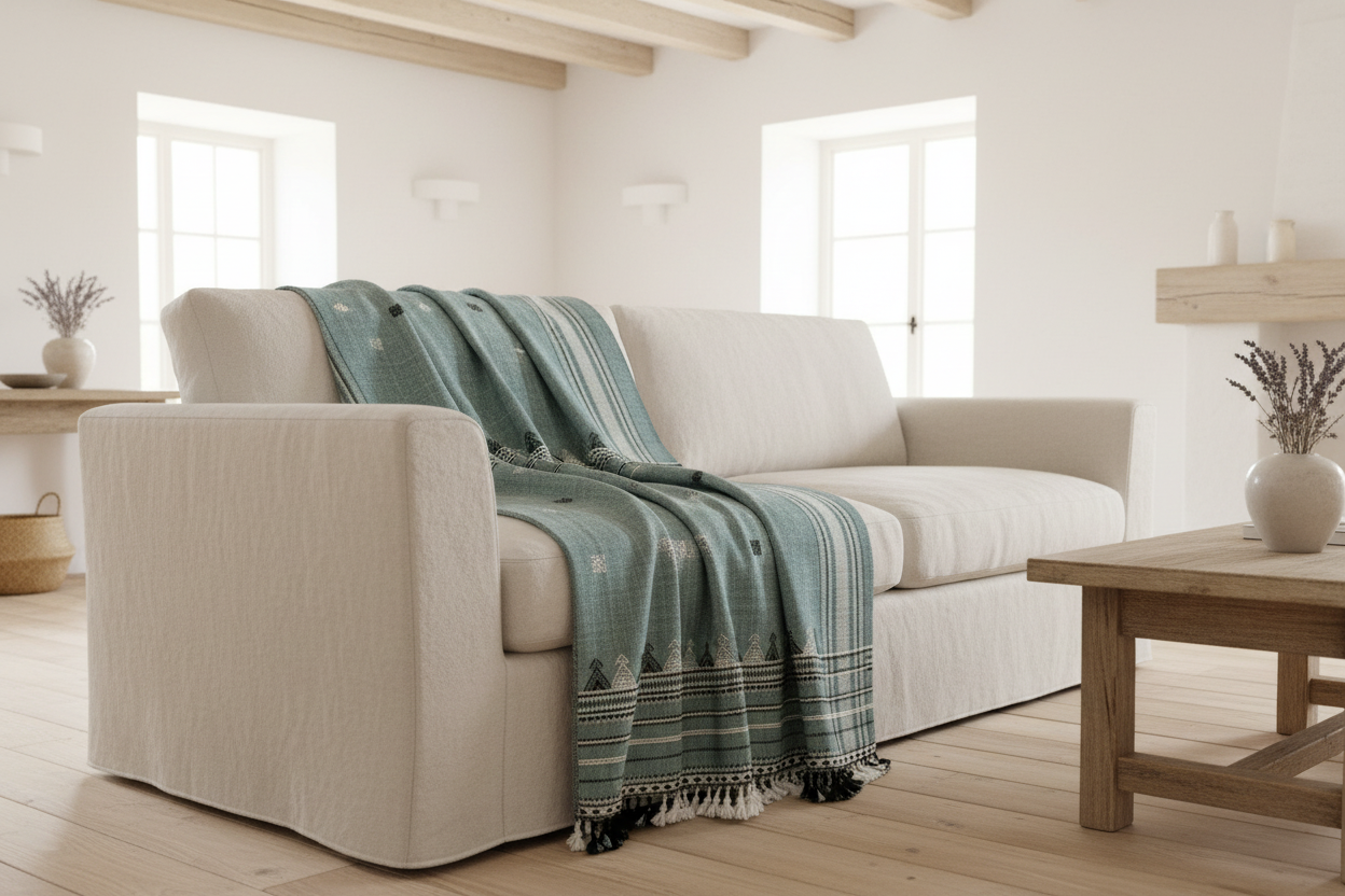 Handwoven Vintage Bhujodi Bed Throw - Sun Bleached Blue - 40" x 90"