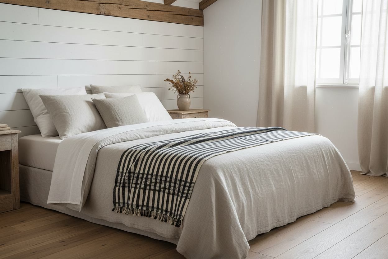 Handwoven Vintage Bhujodi Bed Throw -Black and Biege Stripes - 24" x 80"