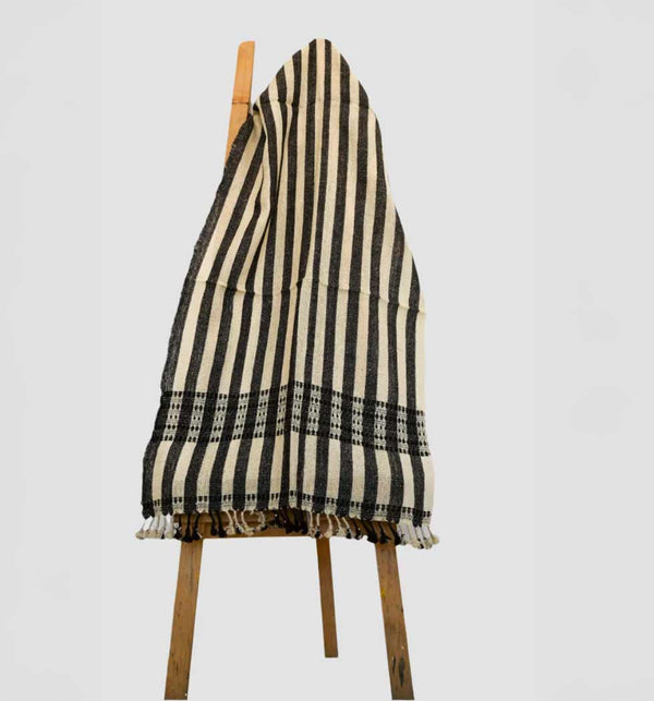 Handwoven Vintage Bhujodi Bed Throw -Black and Biege Stripes - 24