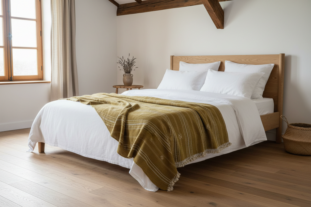 Handwoven Vintage Bhujodi Bed Throw -Mustard Yellow - 50" x 90"