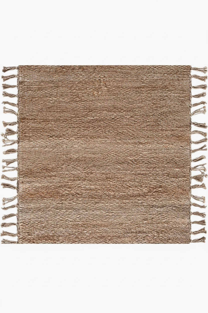 Brown woven rug with fringes on a white background