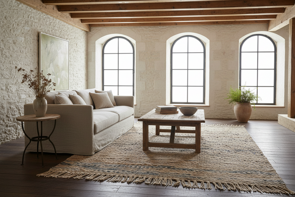 Textured area rug with fringes on a plain background