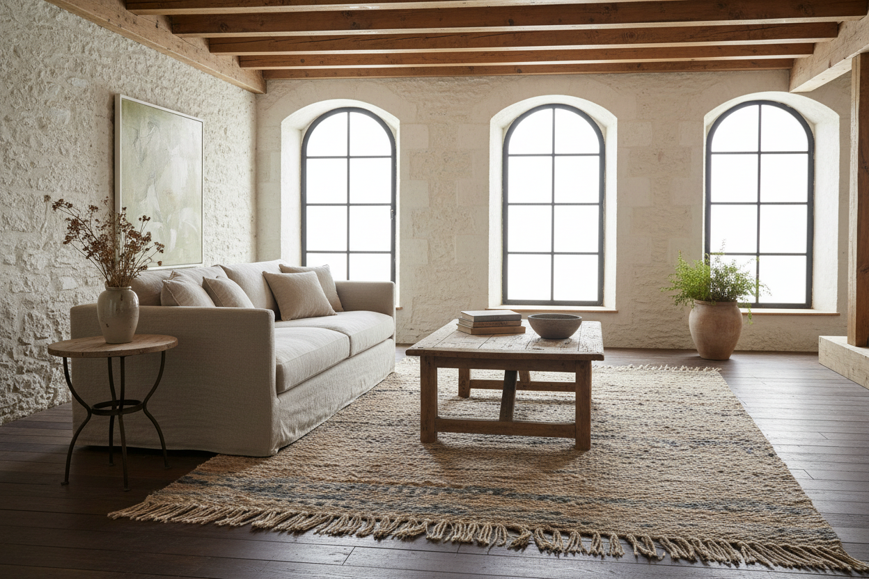 Textured area rug with fringes on a plain background