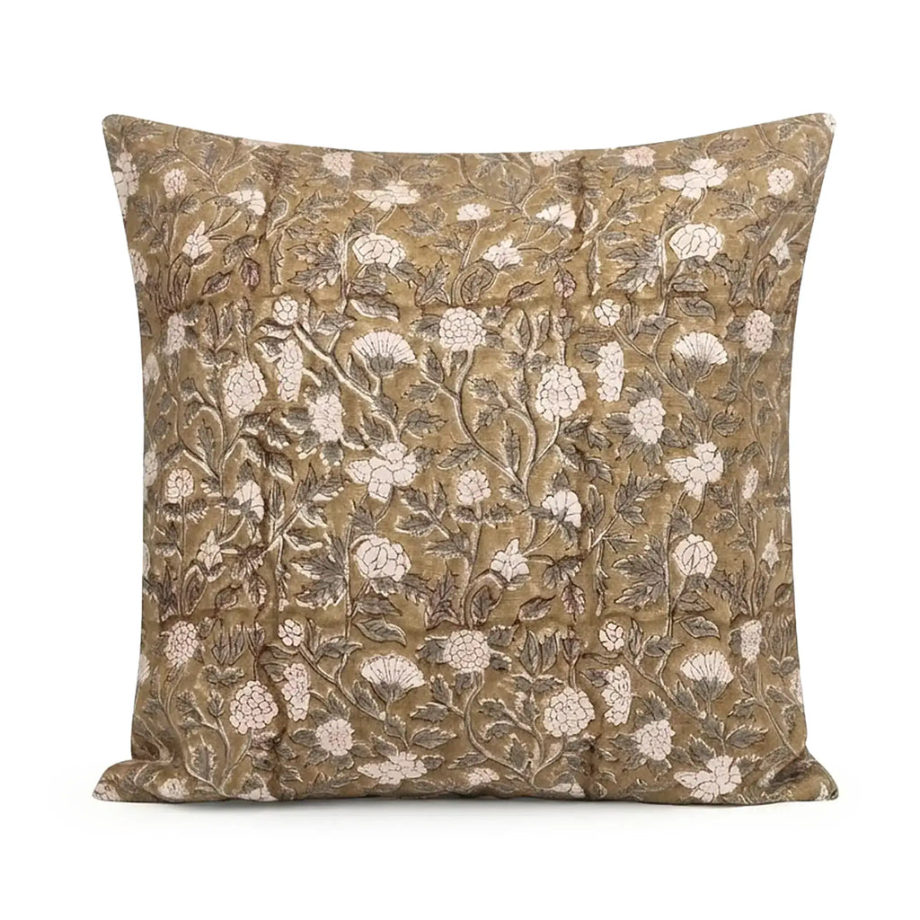 Rosette Botanical Floral Vines Beige Linen Pillow Cover
