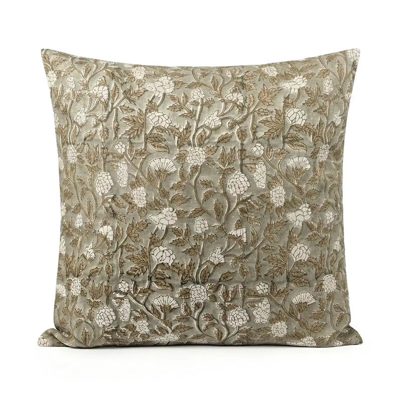 Rosette Botanical Floral Vines Pale Green Linen Pillow Cover