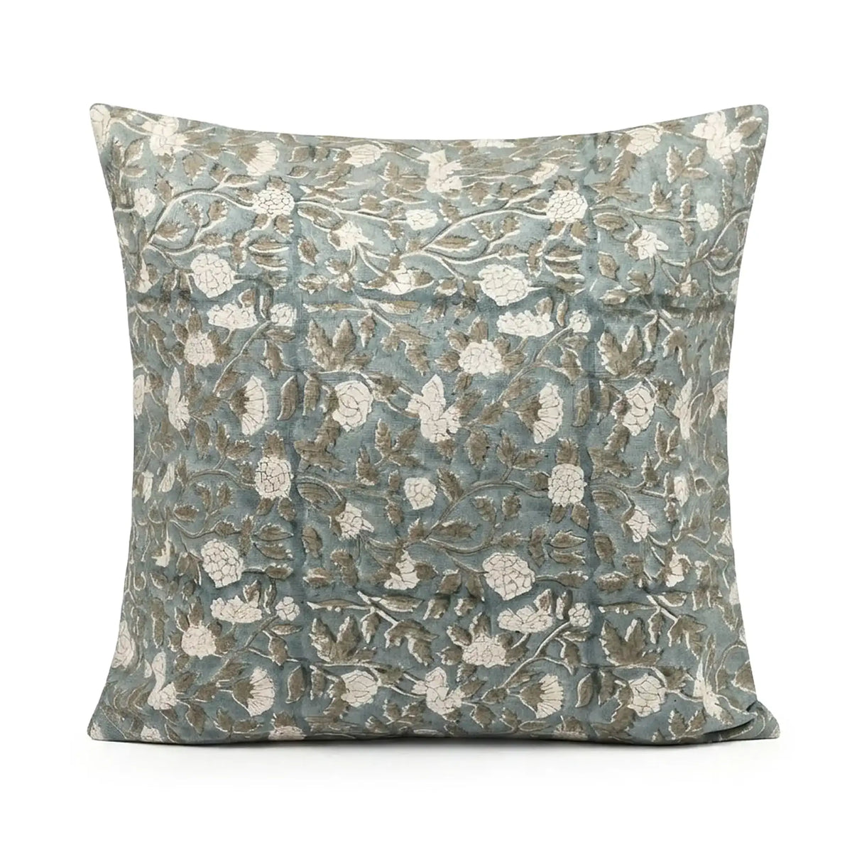 Rosette Botanical Floral Vines Ice Blue Linen Pillow Cover