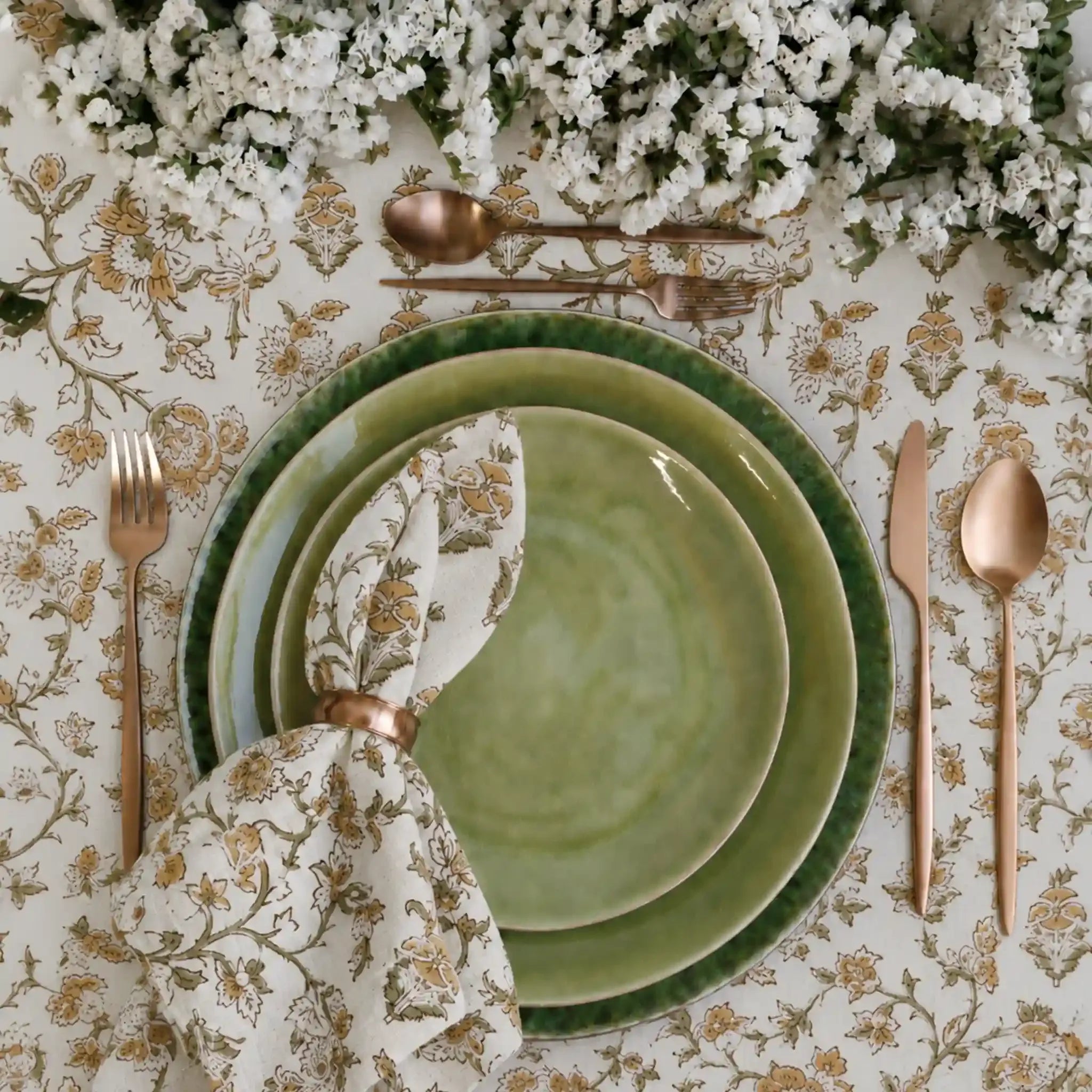 Florent Sage Green & Mustard Hand Block Printed Cotton Napkins