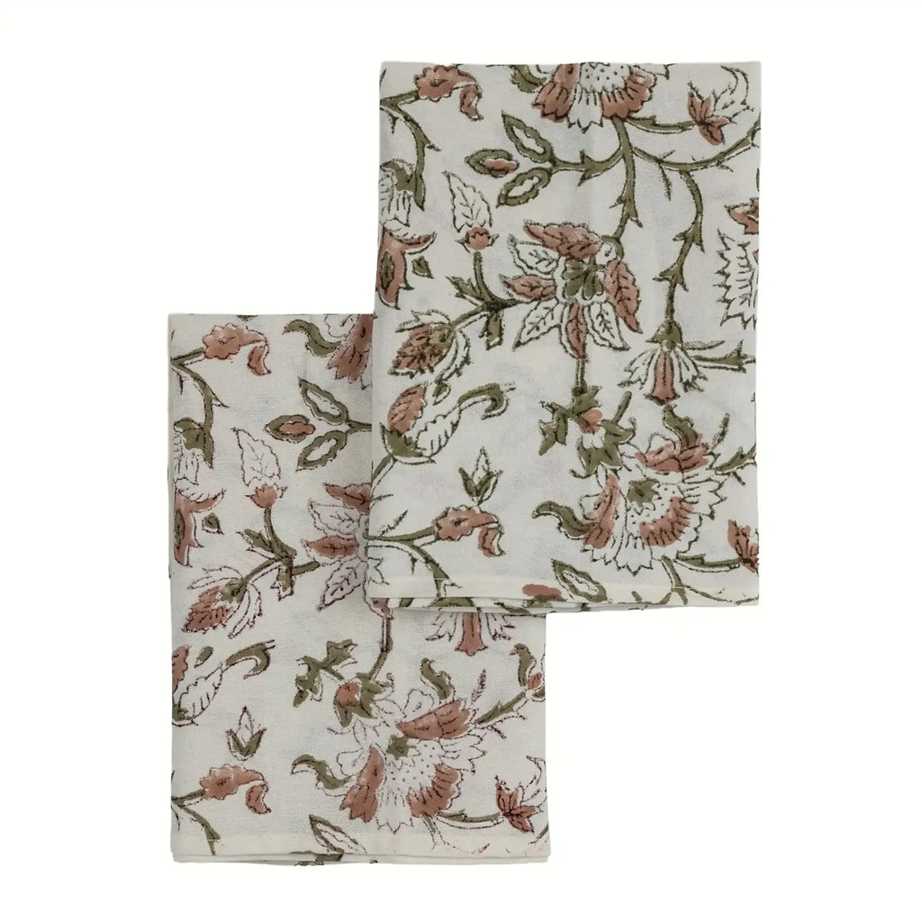 Montrose Blush Pink & Olive Green Hand Block Printed Cotton Napkins