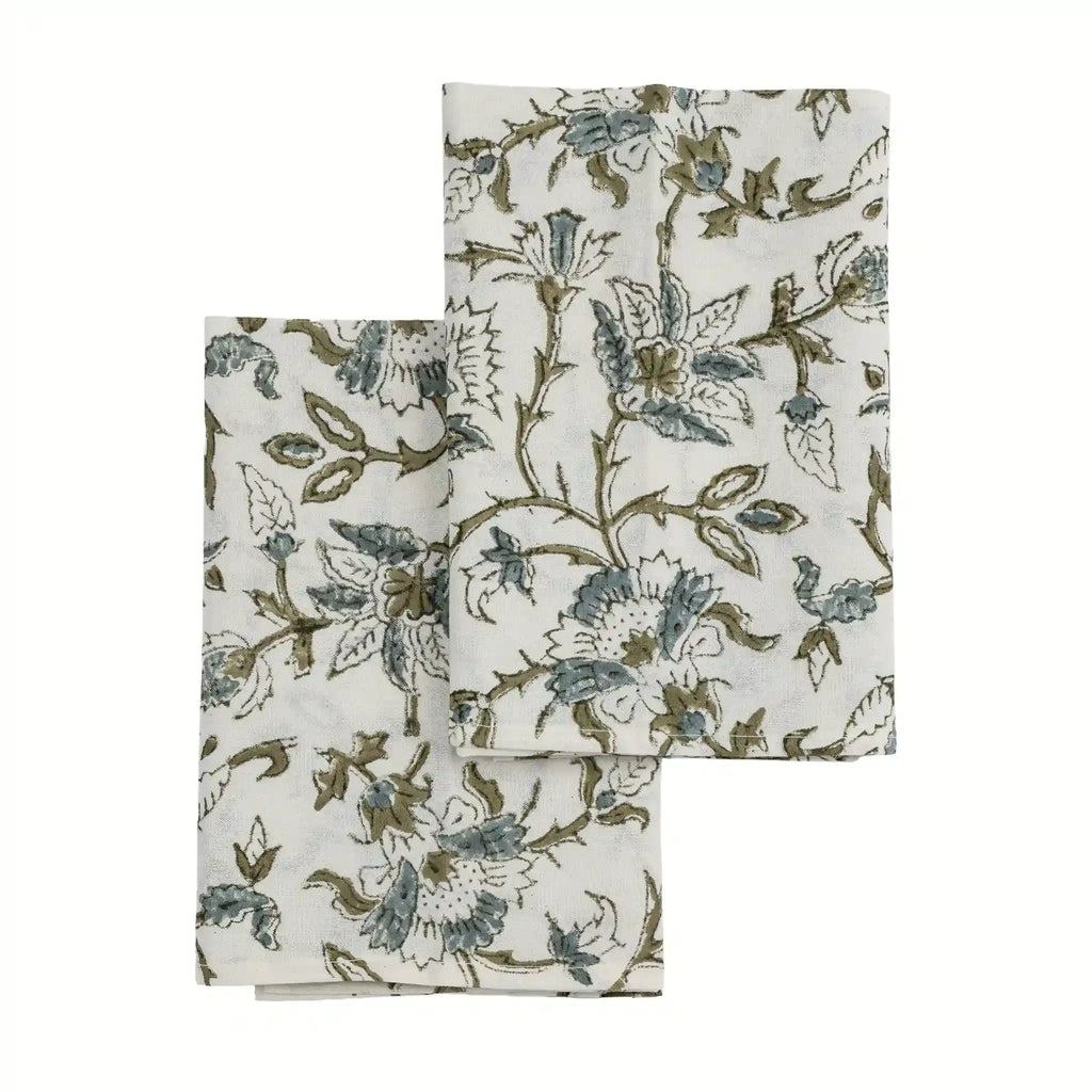 Montrose Ice Blue & Olive Green Hand Block Printed Cotton Napkins