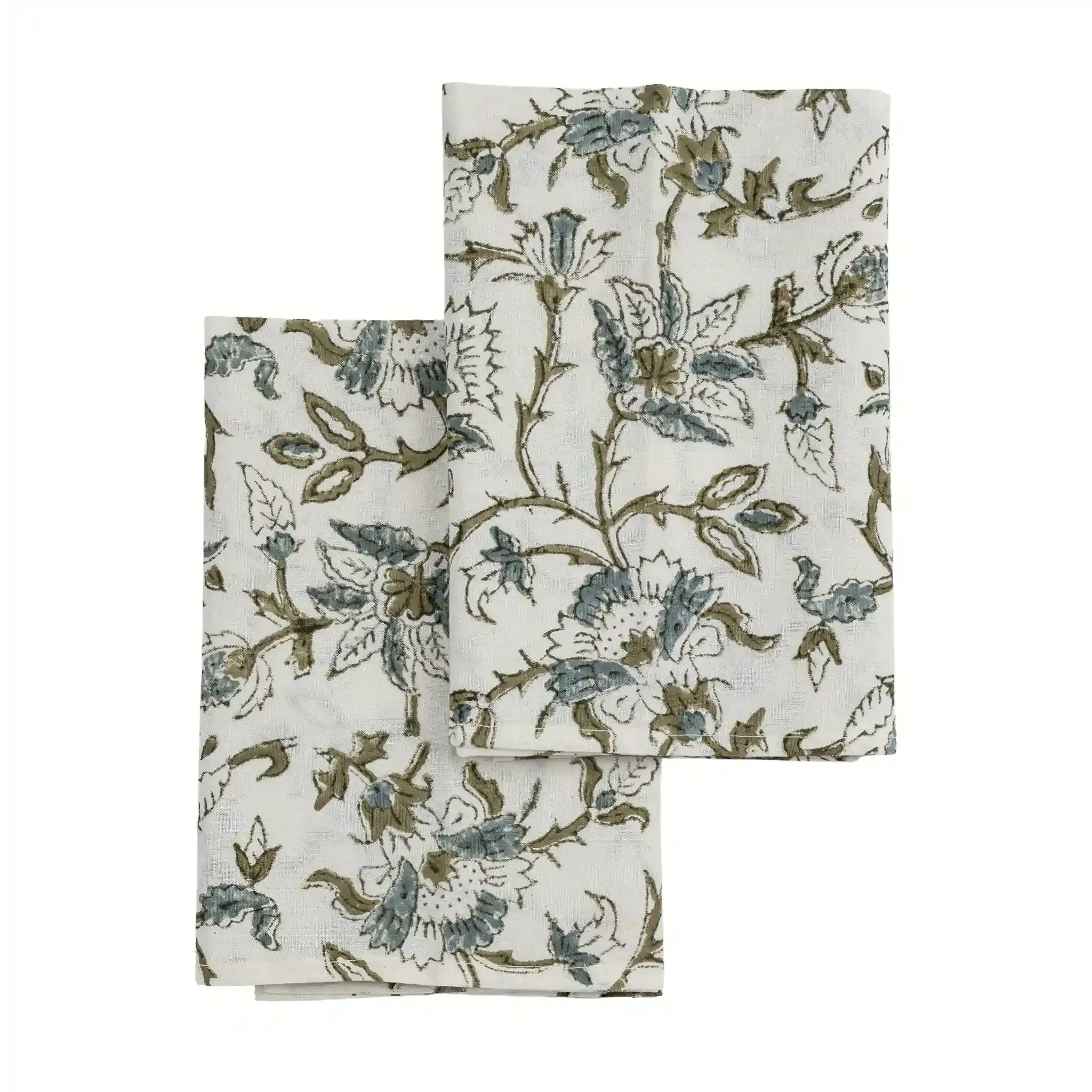 Montrose Ice Blue & Olive Green Hand Block Printed Cotton Napkins