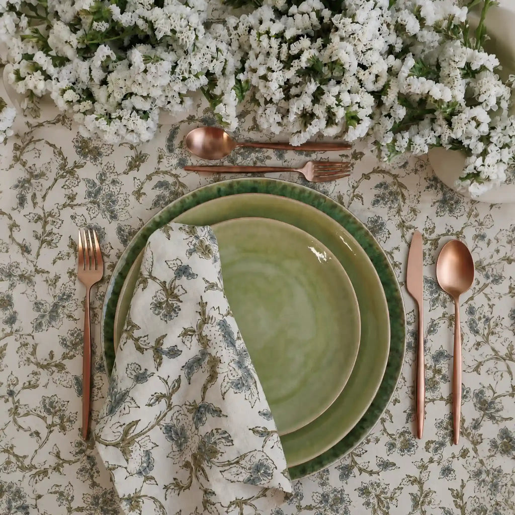 Montrose Ice Blue & Olive Green Hand Block Printed Cotton Napkins